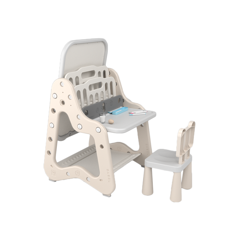 Beige toddler convertible study desk and art easel set designed for minimalist nursery playrooms.