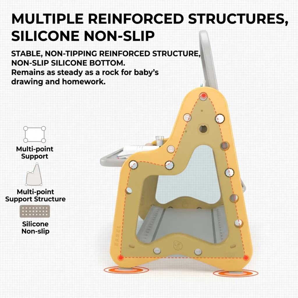 Heavy-duty multi-point support structure with silicone non-slip base ensuring a rock-steady surface for baby homework and drawing.