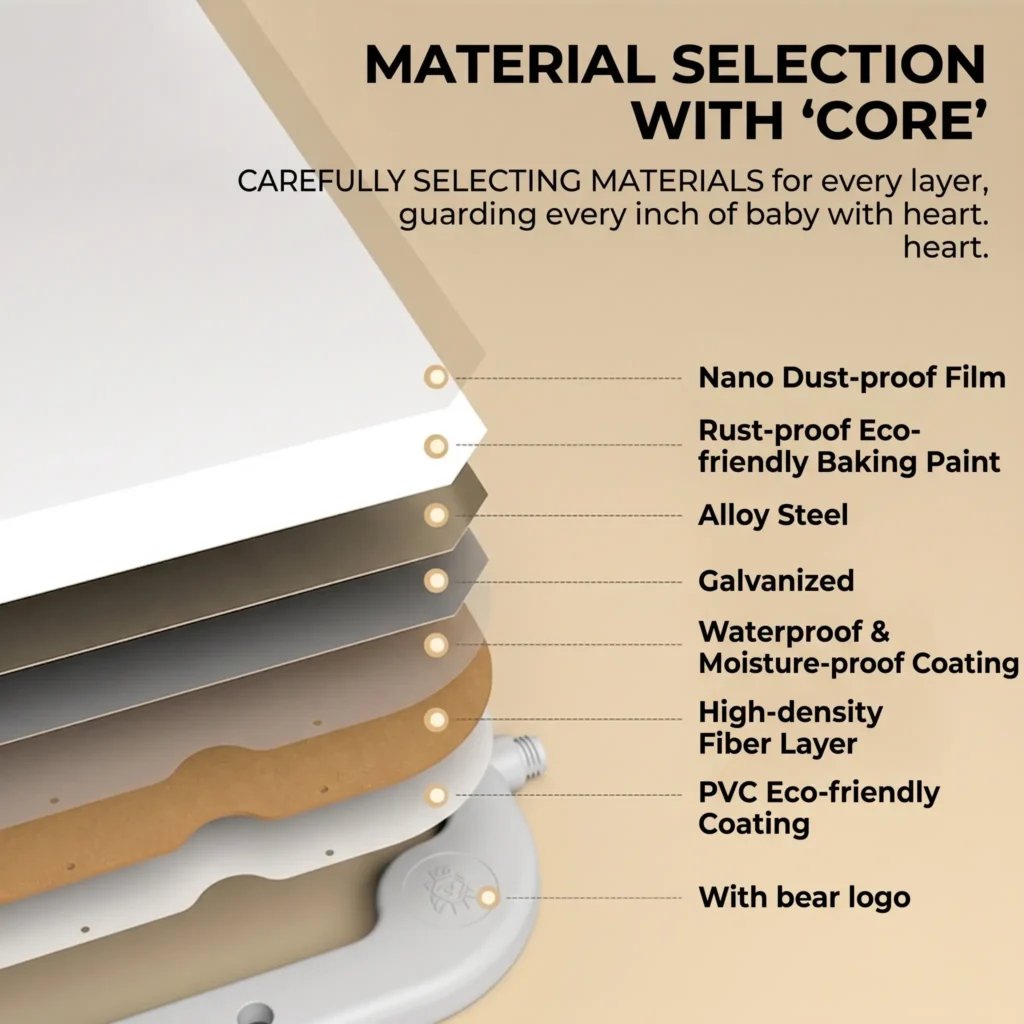 Seven-layer eco-friendly construction of Inhekids safe painting boards featuring nano dust-proof and rust-proof baking paint.