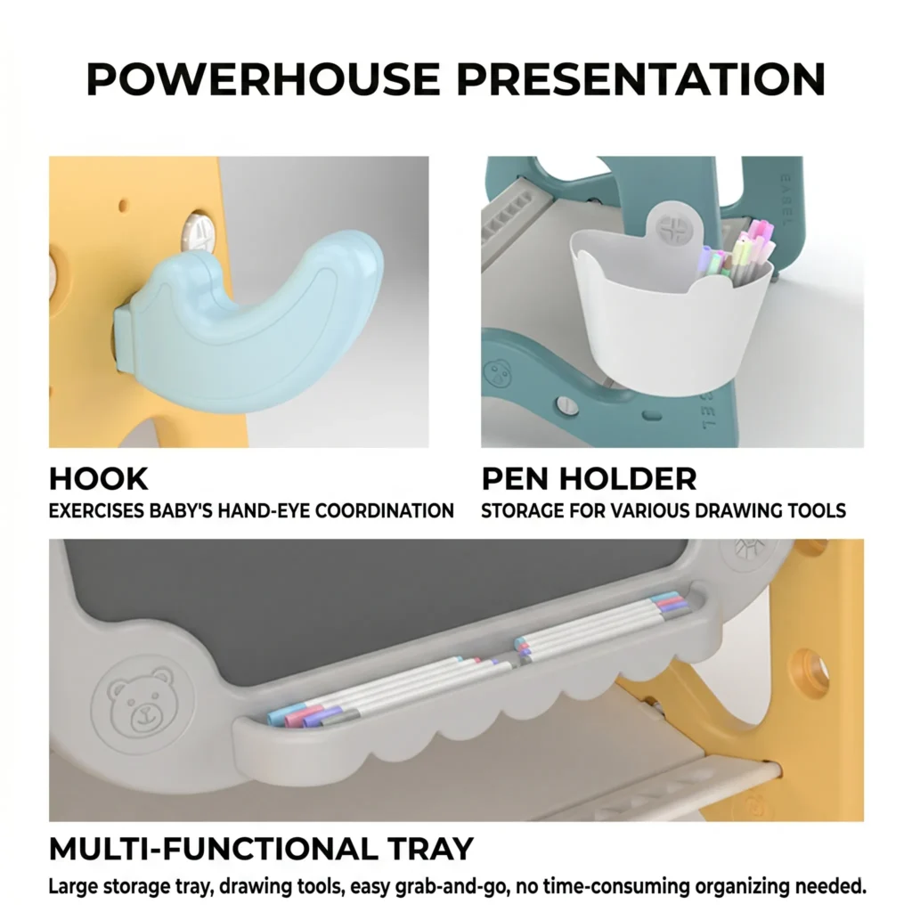 Multifunctional art center accessories including a side hook and grab-and-go tray to organize various drawing tools.