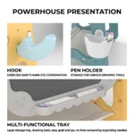 Multifunctional art center accessories including a side hook and grab-and-go tray to organize various drawing tools.