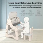 Ergonomic children's drawing table featuring hidden storage capacity to encourage healthy sitting posture and multifaceted learning.