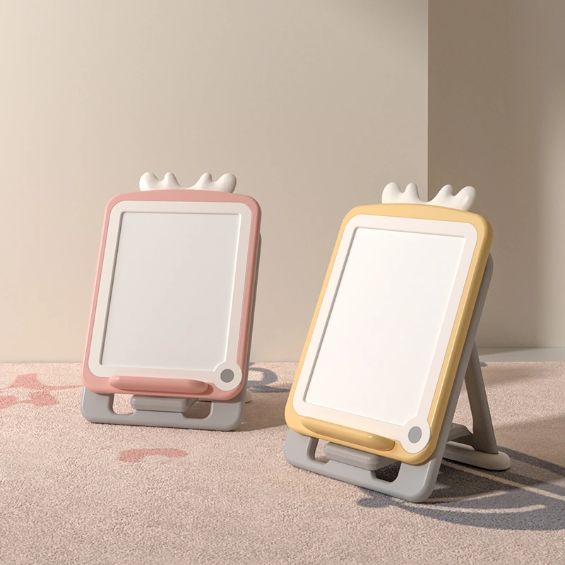 Cute antler style magnetic folding easel in pink and yellow for toddler creative drawing and playroom decor.