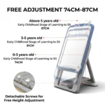 Preschool whiteboard featuring detachable screws for free height adjustment from 74cm to 87cm, perfectly growing with kids from 0 to over 5 years old.