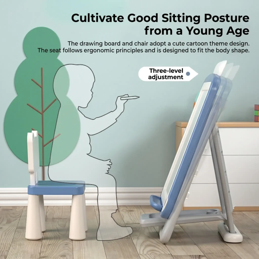 Ergonomic cartoon themed study desk and chair set designed to cultivate healthy sitting posture for young kids from a young age.