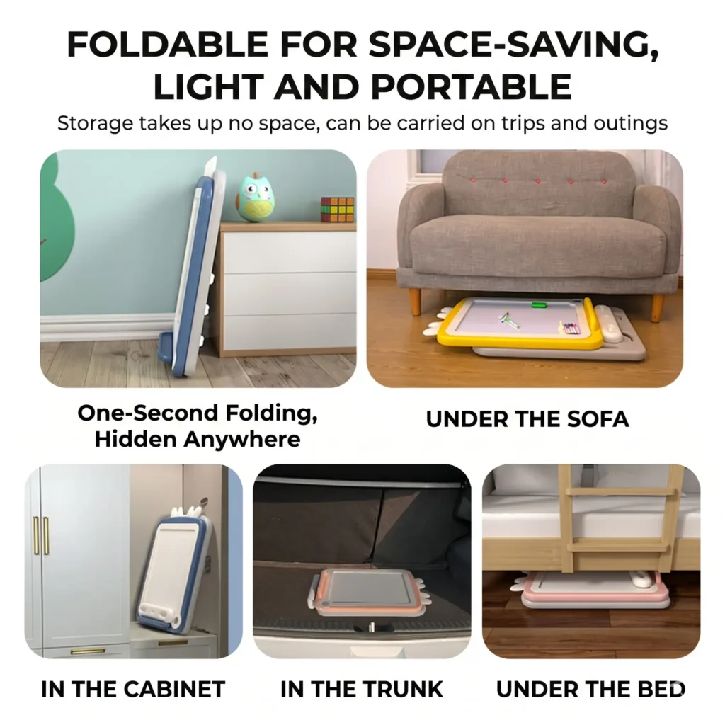 Lightweight and portable children's drawing board featuring one-second folding for easy space-saving storage under the sofa or in the trunk.