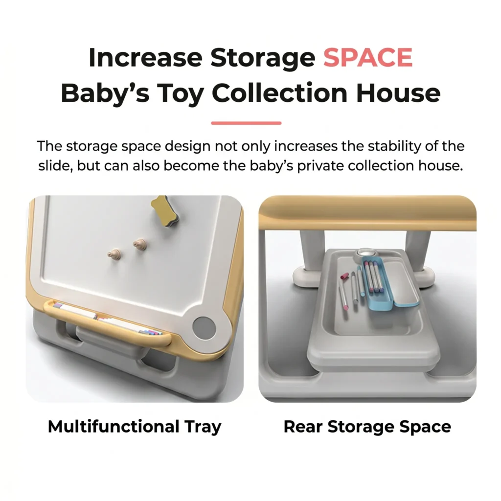 Multifunctional tray and rear hidden storage space on children's art station to organize baby drawing tools effortlessly.