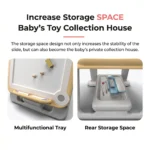 Multifunctional tray and rear hidden storage space on children's art station to organize baby drawing tools effortlessly.