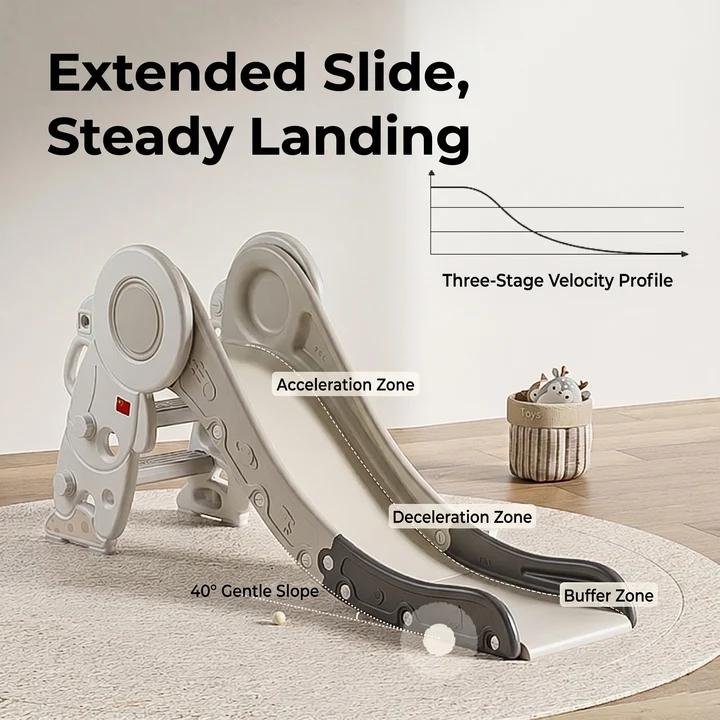 Collapsible nursery furniture showing the astronaut kids slide folded flat against a wall for compact space-saving storage.