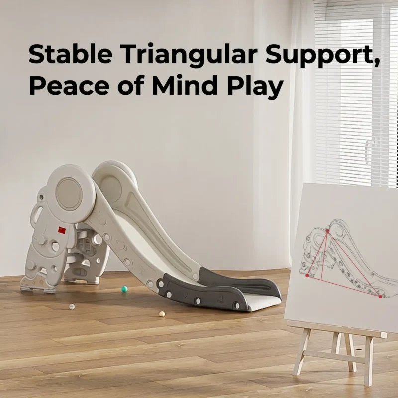Heavy-duty freestanding kids climber demonstrating a stable triangular support structure for peace of mind play.