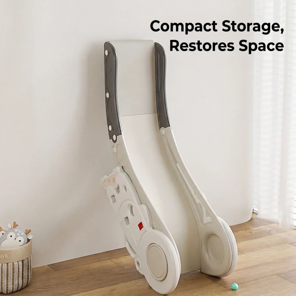 Extended baby sliding toy designed with a 40-degree gentle slope and three-stage velocity profile ensuring a steady safe landing.
