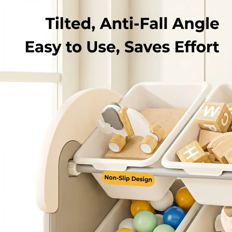 Aesthetic tiered cake-shaped toy storage rack providing minimalist home organization for modern nurseries and playrooms.