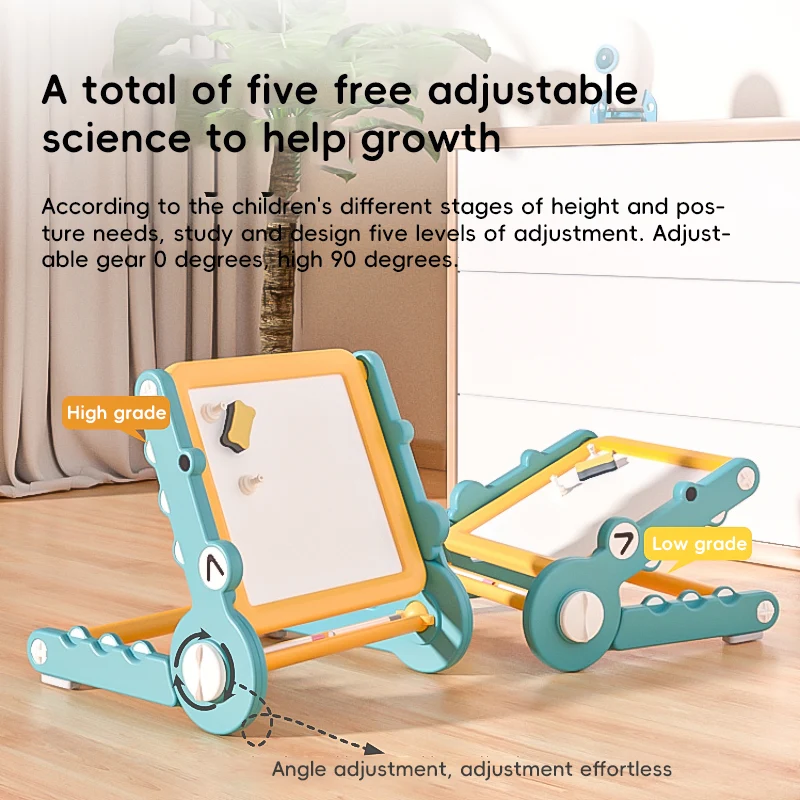 Innovative children's drawing board featuring five adjustable ergonomic angles from 0 to 90 degrees to accommodate different height and posture needs.
