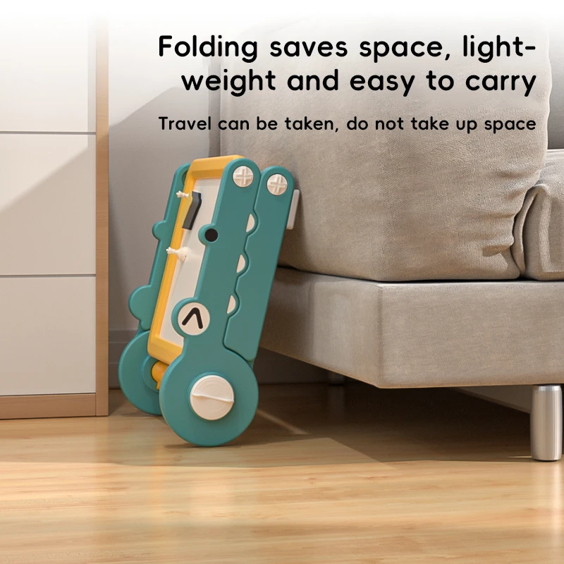 Space-saving compact foldable kids whiteboard leaning against a sofa, highlighting its lightweight travel-friendly design for wholesale buyers.