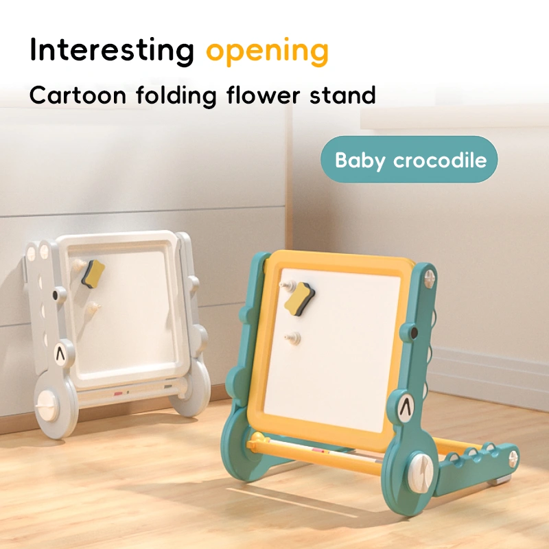 Cute baby crocodile themed toddler art easel designed as engaging nursery furniture and creative play equipment.