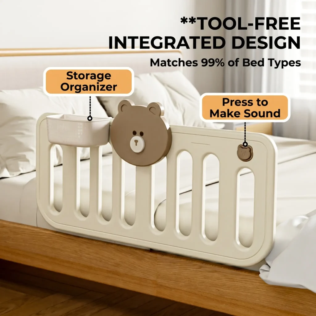 A side view of the Inhekids minimalist toddler bed guardrail with a little bear motif and adjustable height, installed on a bed.