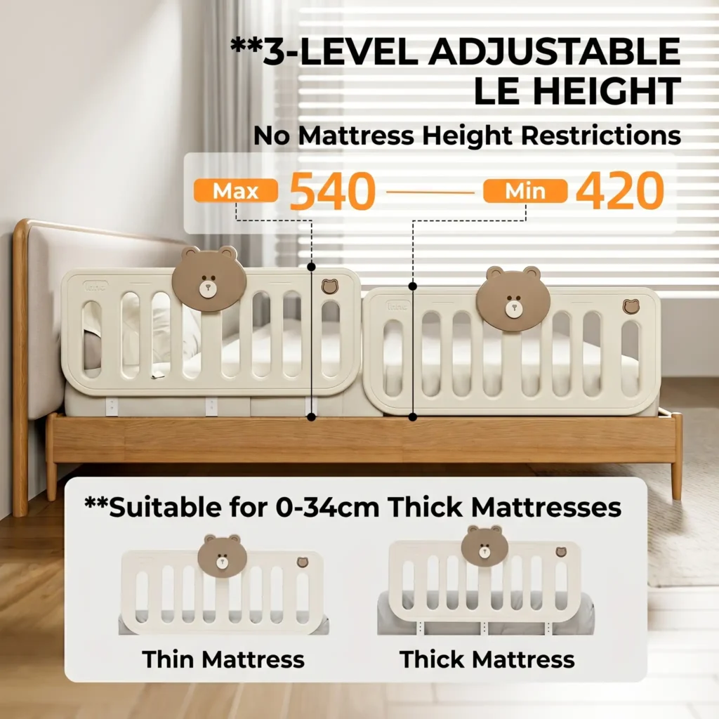 A close-up view of the robust L-shaped base connector of the Inhekids bed guard rail made with durable non-toxic materials, manufactured in China.