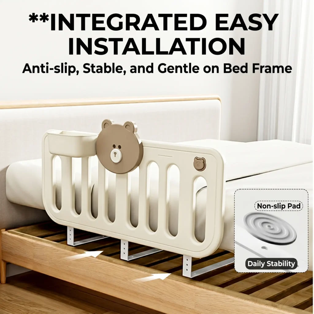 A detailed close-up shot emphasizing the secure height-locking mechanism on the vertical post of the Inhekids little bear bed guardrail.