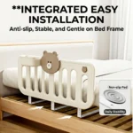 A detailed close-up shot emphasizing the secure height-locking mechanism on the vertical post of the Inhekids little bear bed guardrail.
