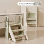 Secure rubber anti-skid base on toddler step stool for water-resistant bathroom safety.