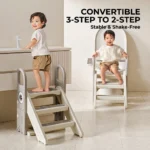 Secure rubber anti-skid base on toddler step stool for water-resistant bathroom safety.