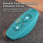 Infinity loop track with bouncy balls on kids sensory balance board to enhance focus and hand-foot coordination.