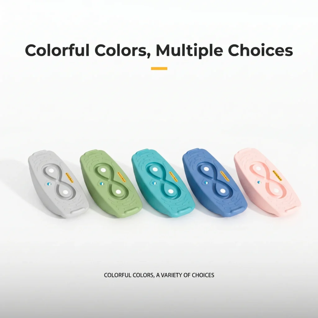 Five colorful variations of children's PE plastic balance boards available for wholesale and factory OEM orders.
