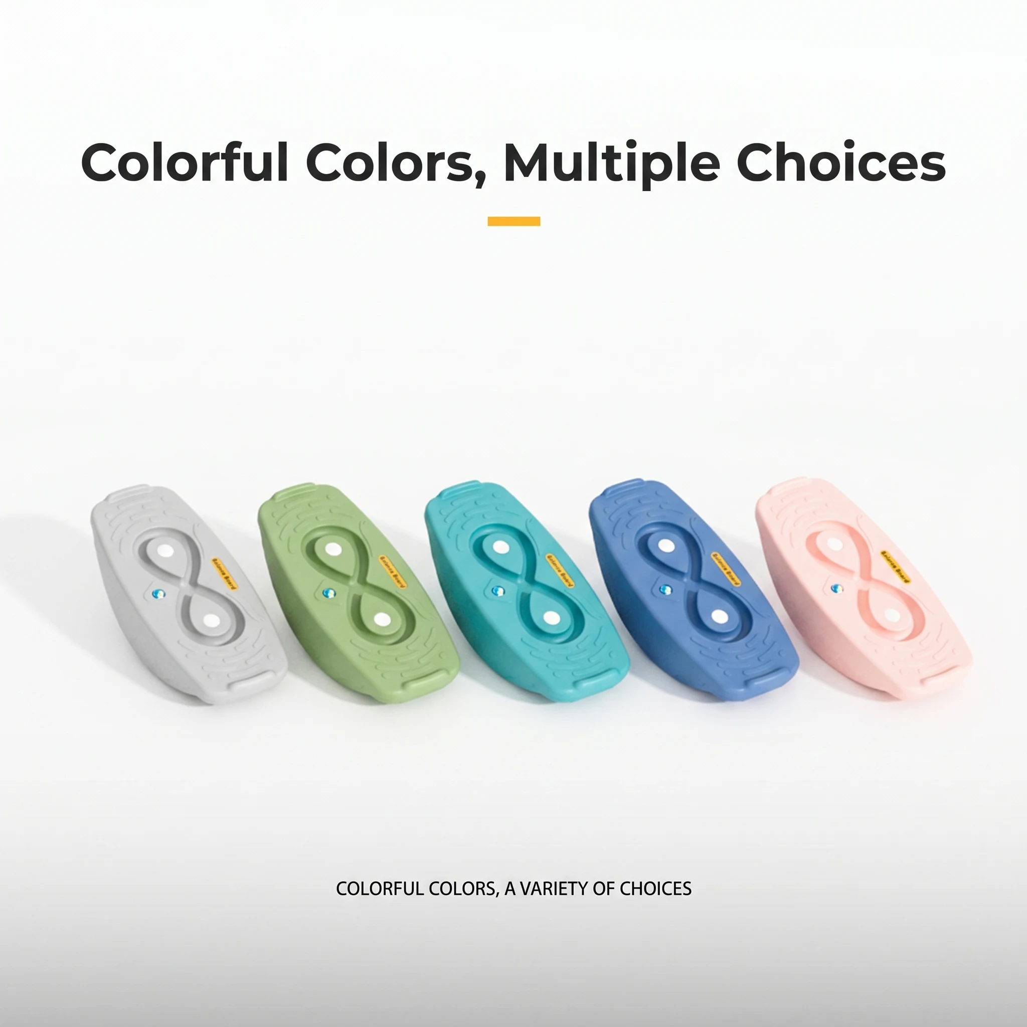 Five colorful variations of children's PE plastic balance boards available for wholesale and factory OEM orders.