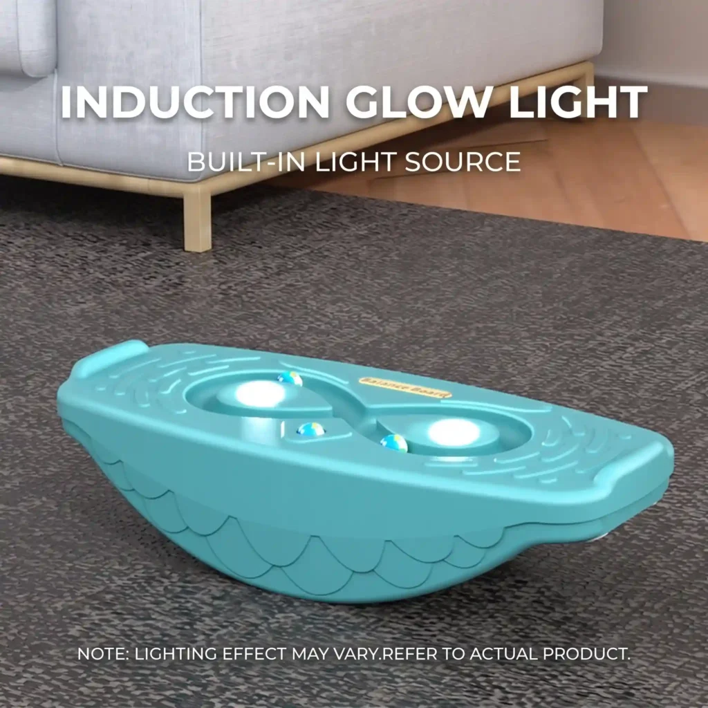Kids sensory integration rocker board featuring built-in induction glow lights for interactive toddler training.