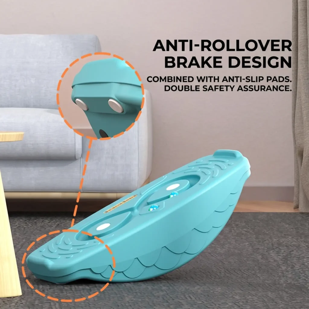 Bottom anti-rollover brake design and anti-slip pads on toddler plastic wobble board for safe preschool play.