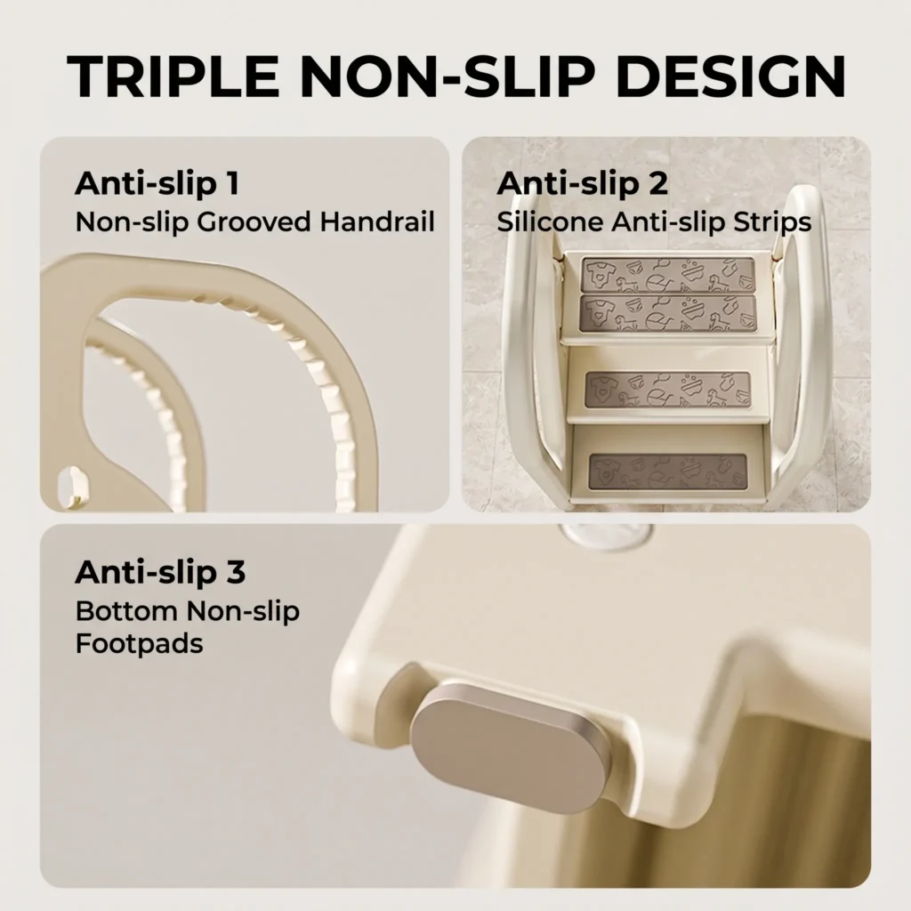 Premium non-slip cloud texture surface on children's safety step stool manufactured by Inhekids.