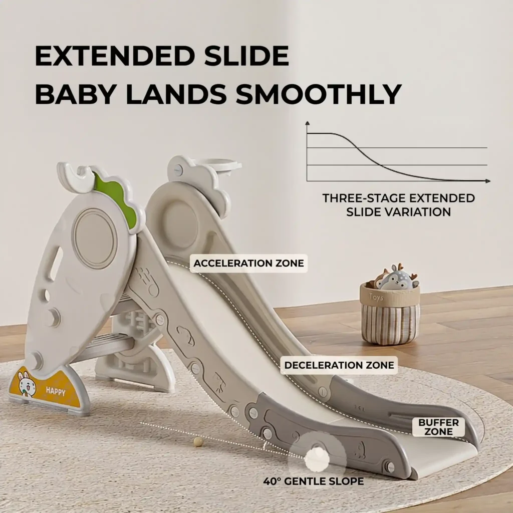 Foldable nursery play slide standing in a modern living room, showcasing its space-saving design for reassuring daily playtime.