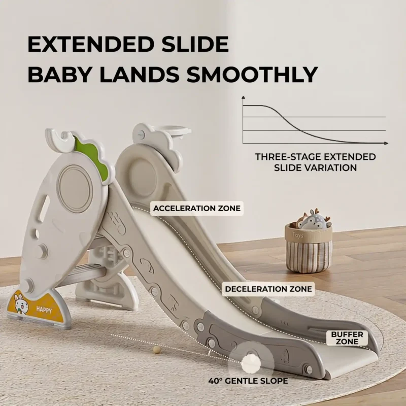 Foldable nursery play slide standing in a modern living room, showcasing its space-saving design for reassuring daily playtime.