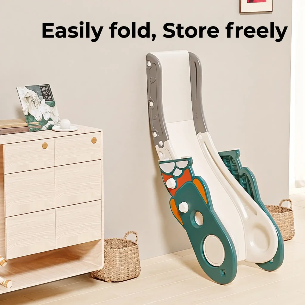 Space-saving foldable nursery slide effortlessly stored against a wooden cabinet for compact home organization.