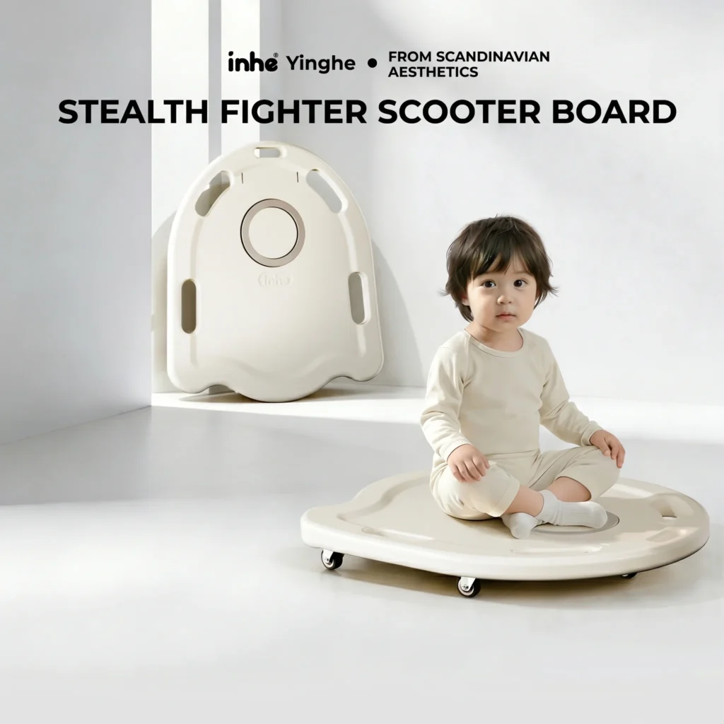 Stable dual triangle base structure preventing tip-overs on heavy-duty preschool scooter boards manufactured in China.