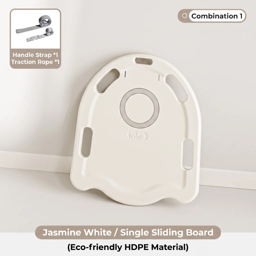 Jasmine white eco-friendly HDPE plastic sensory floor scooter board including traction rope for guided physical therapy.
