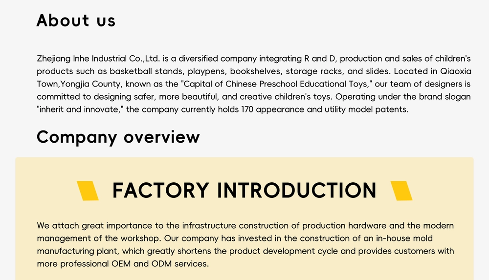 Zhejiang Inhe Industrial factory introduction and OEM ODM preschool educational toys manufacturer company overview.