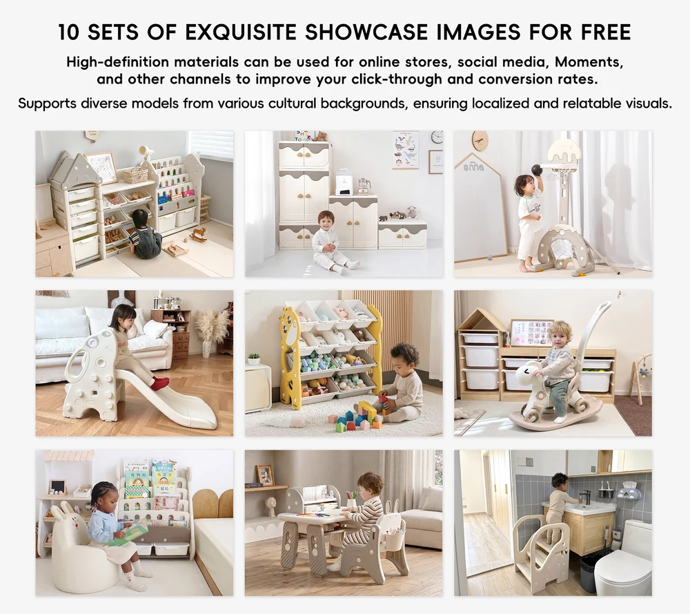 High-definition localized picture book racks and toy storage organizers showcase images supporting diverse models for global e-commerce distributors.