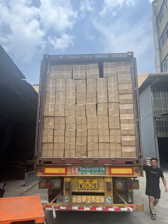 A 45-foot high-cube container fully stacked to maximum capacity with export master cartons of children's slides for Southeast Asia.