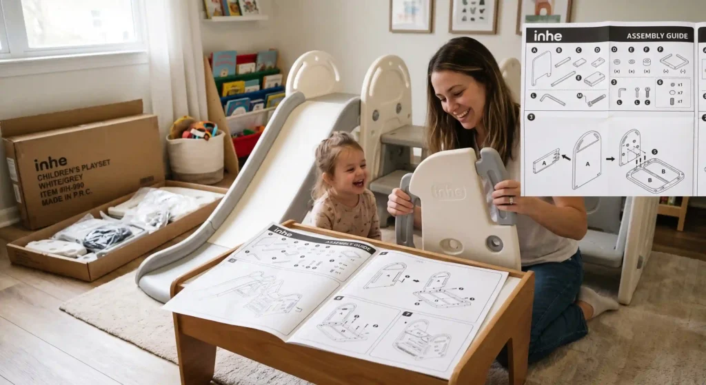 A mother and child assembling an Inhe children's furniture set using the provided 3D graphic instruction manual to ensure easy setup and minimize retail return rates.