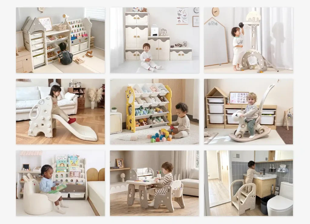 A collage of lifestyle photography showcasing children using Inhe furniture, provided as part of our marketing asset kit for distributors to support product launches.
