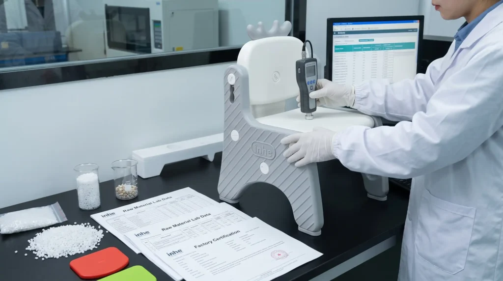 Inhe laboratory technician performing safety compliance testing on a children's feeding cabinet, accompanied by verified raw material lab data and factory certification reports.