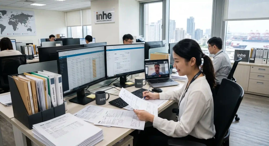Inhe trade compliance team auditing international shipping documents and coordinating with overseas brokers to ensure seamless customs clearance.