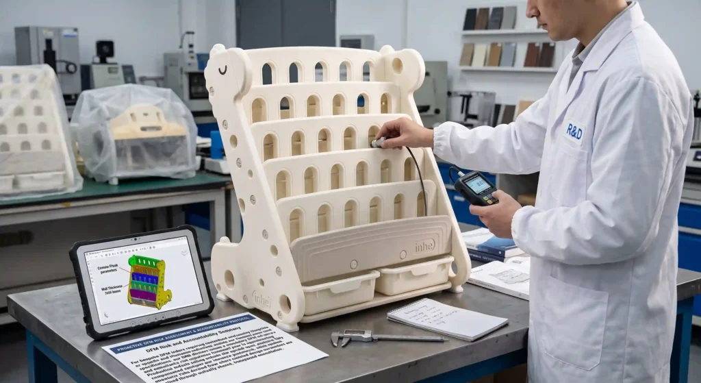 An Inhe R&D specialist conducting a Design for Manufacturability (DFM) structural review and quality testing on a children's toy storage organizer bookshelf using a digital testing device and 3D modeling software.