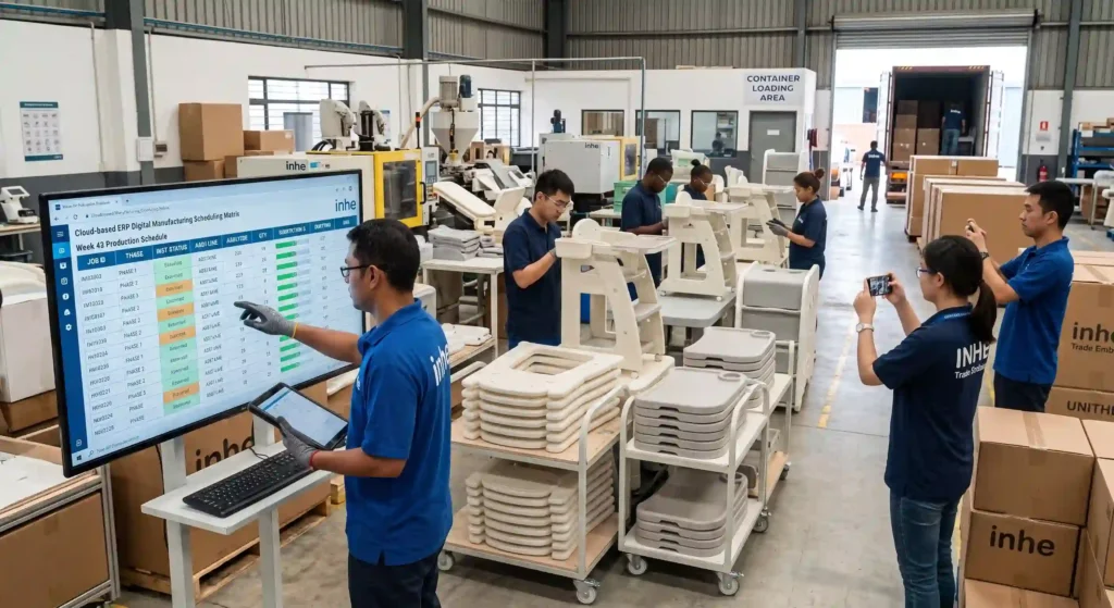 Inhe production team utilizing a cloud-based ERP scheduling matrix to maintain manufacturing transparency and ensure on-time delivery for global distributors.