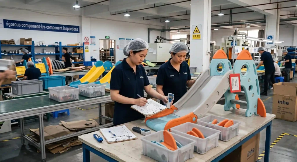 Inhe quality control team performing rigorous component inspections on mass-produced children's furniture against the approved sealed reference sample.