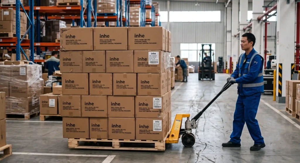 Inhe warehouse worker transporting a pallet of children's furniture with custom branded packaging, demonstrating flexible MOQ support for small-batch distributors.