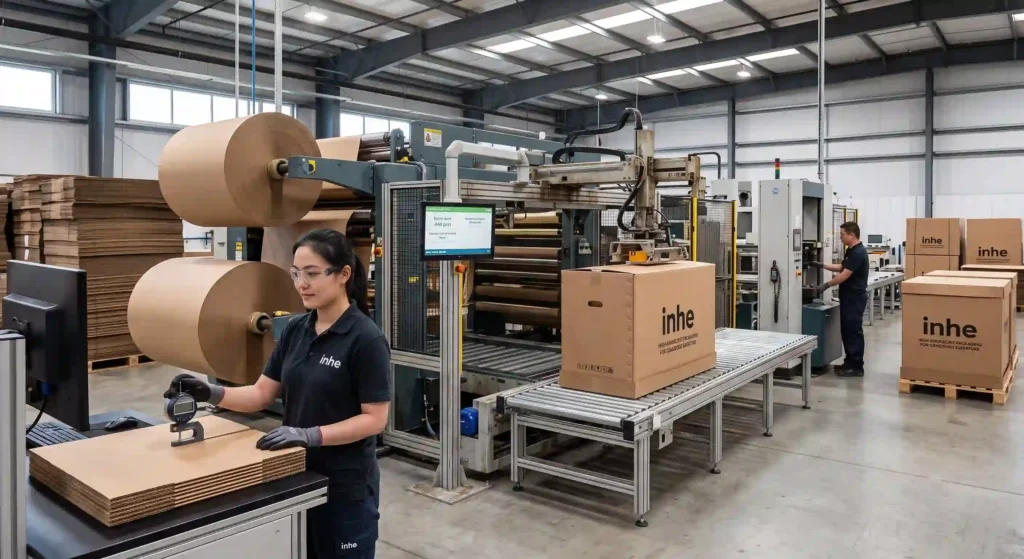Inhe factory operator inspecting corrugated cardboard thickness on our in-house packaging production line to ensure high-durability transit protection.