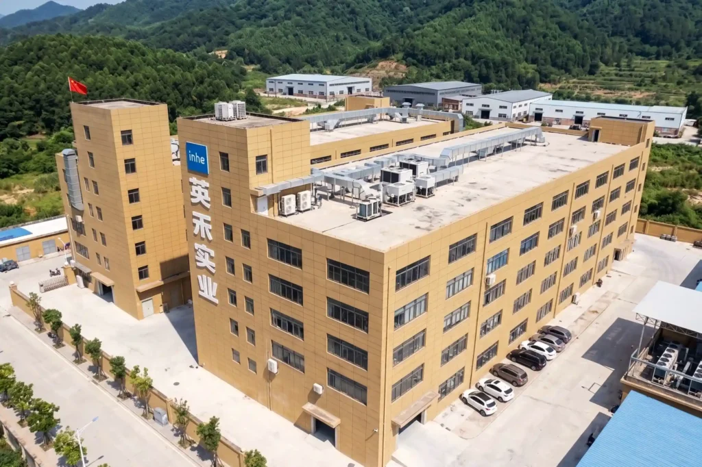 Aerial drone view of Zhejiang Inhe Industrial Co., Ltd. massive factory manufacturing facility and headquarters building in China.