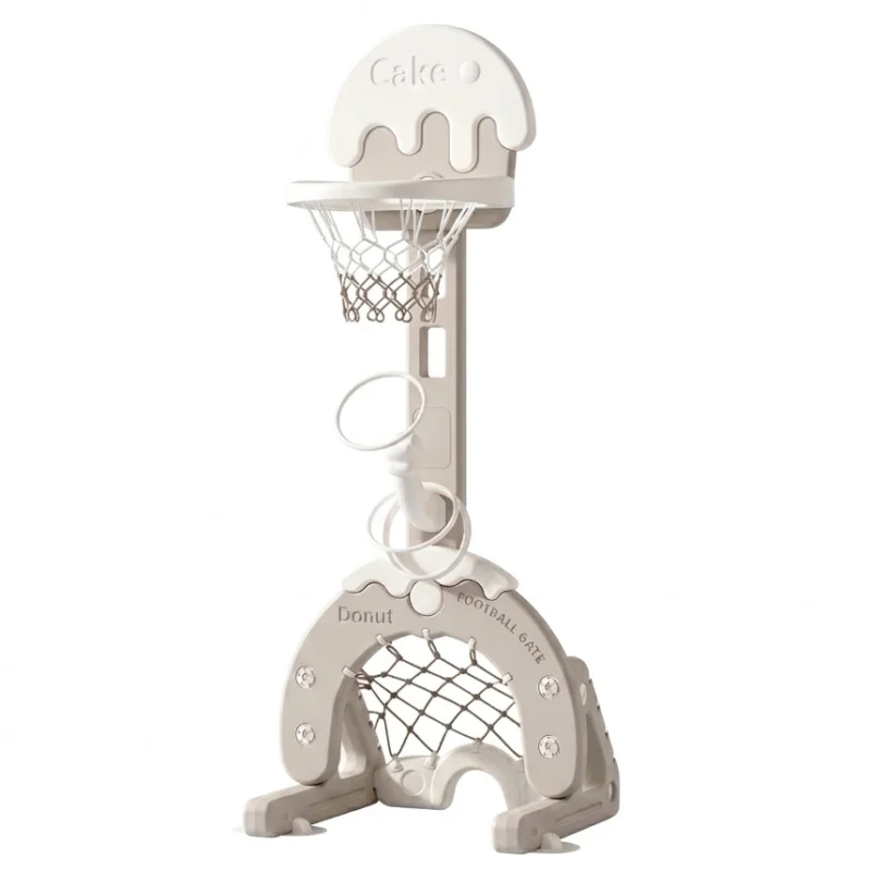 Adjustable indoor plastic basketball hoops and multi-sport activity centers for toddlers.